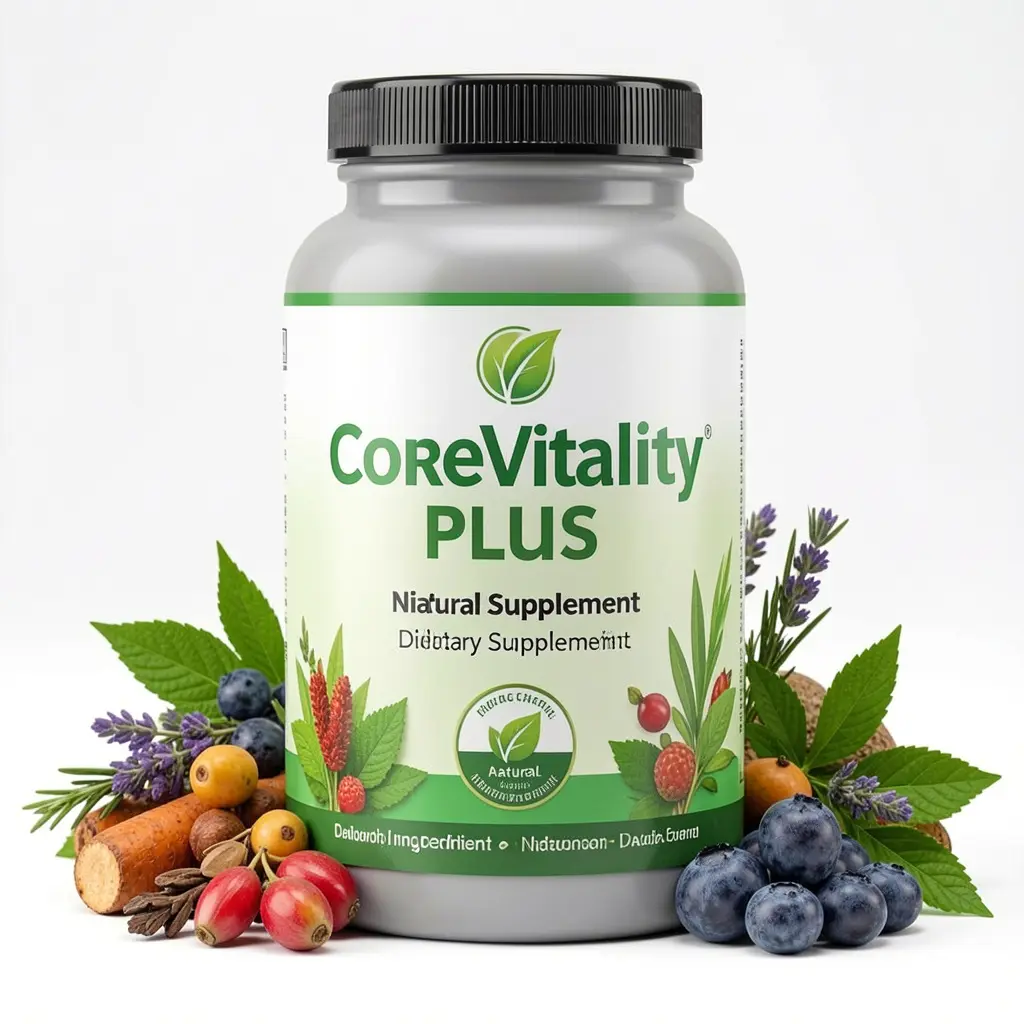 CoreVitality Plus dietary supplement bottle with natural ingredients